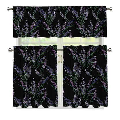 Embroidery Lavender Pattern Print 3 Piece Kitchen Curtains
