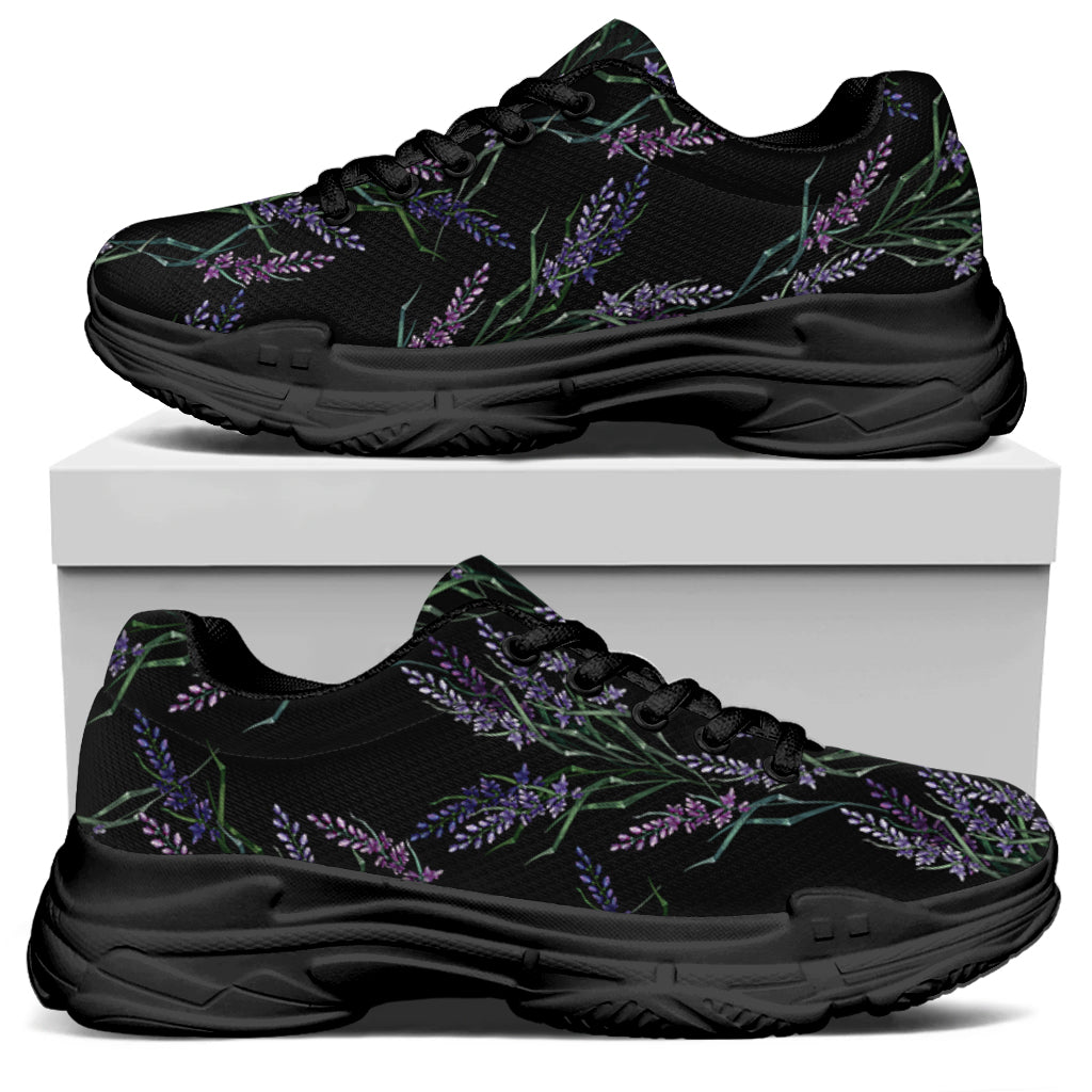 Embroidery Lavender Pattern Print Black Chunky Shoes