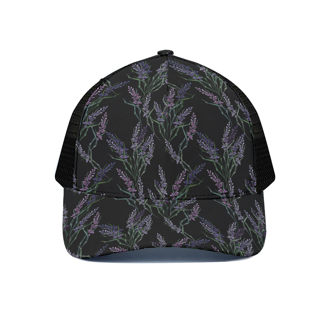 Embroidery Lavender Pattern Print Black Mesh Trucker Cap