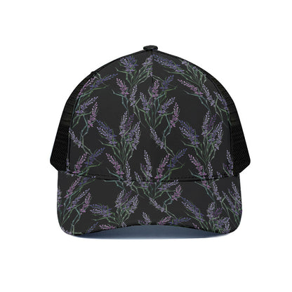 Embroidery Lavender Pattern Print Black Mesh Trucker Cap