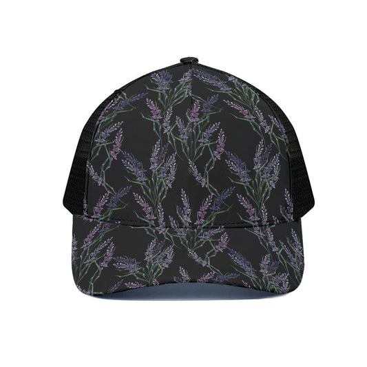 Embroidery Lavender Pattern Print Black Mesh Trucker Cap