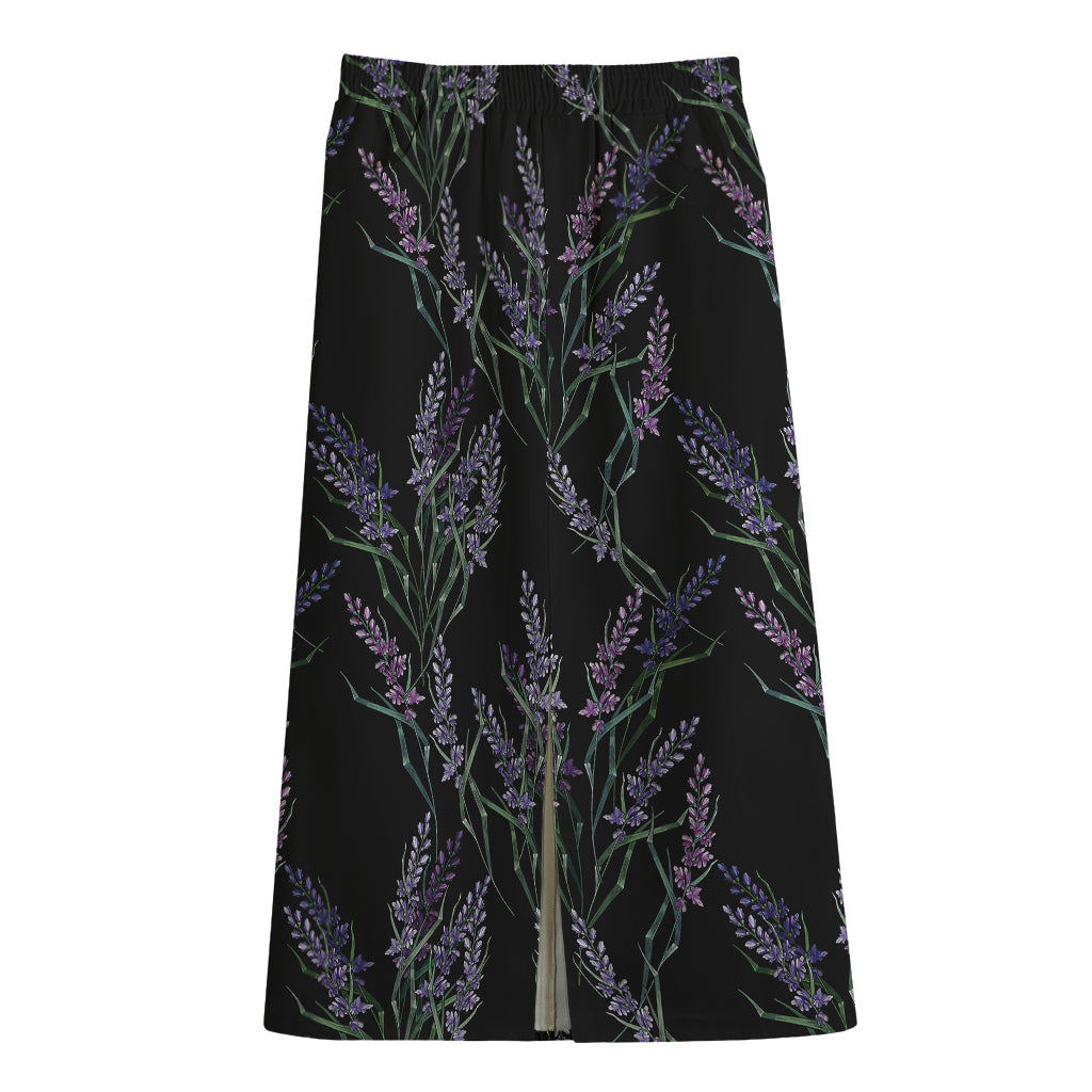 Embroidery Lavender Pattern Print Cotton Front Slit Maxi Skirt