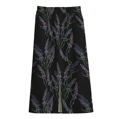 Embroidery Lavender Pattern Print Cotton Front Slit Maxi Skirt