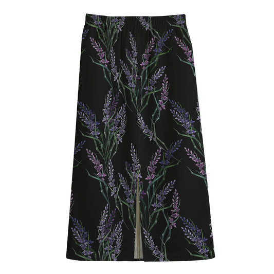 Embroidery Lavender Pattern Print Cotton Front Slit Maxi Skirt
