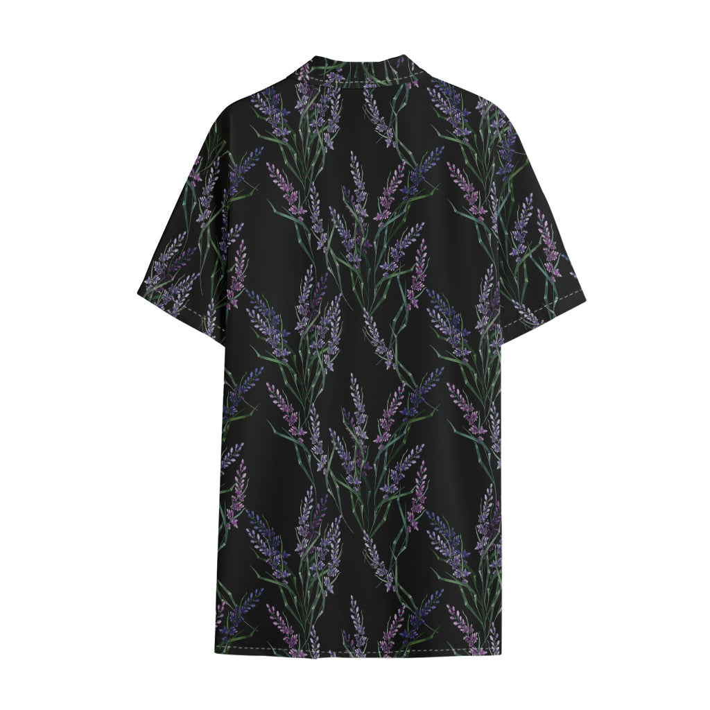 Embroidery Lavender Pattern Print Cotton Hawaiian Shirt
