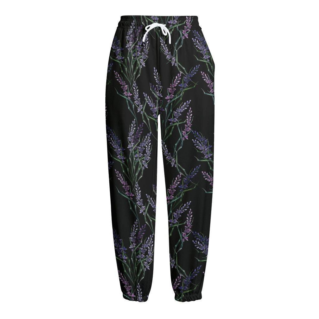 Embroidery Lavender Pattern Print Fleece Lined Knit Pants