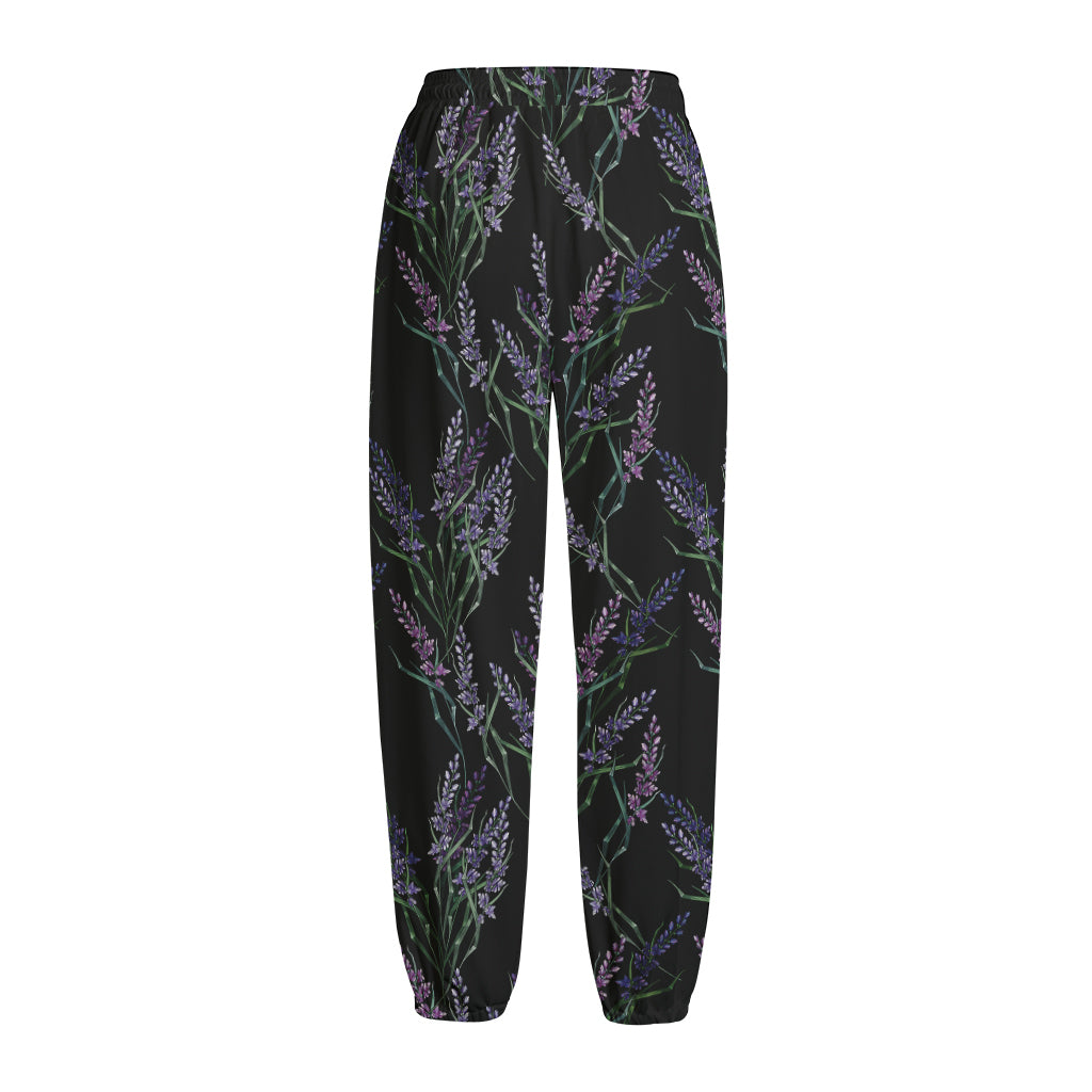 Embroidery Lavender Pattern Print Fleece Lined Knit Pants