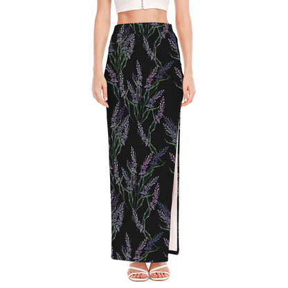 Embroidery Lavender Pattern Print High Slit Maxi Skirt