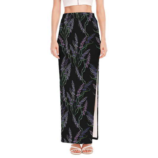Embroidery Lavender Pattern Print High Slit Maxi Skirt