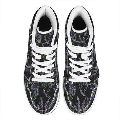 Embroidery Lavender Pattern Print High Top Leather Sneakers