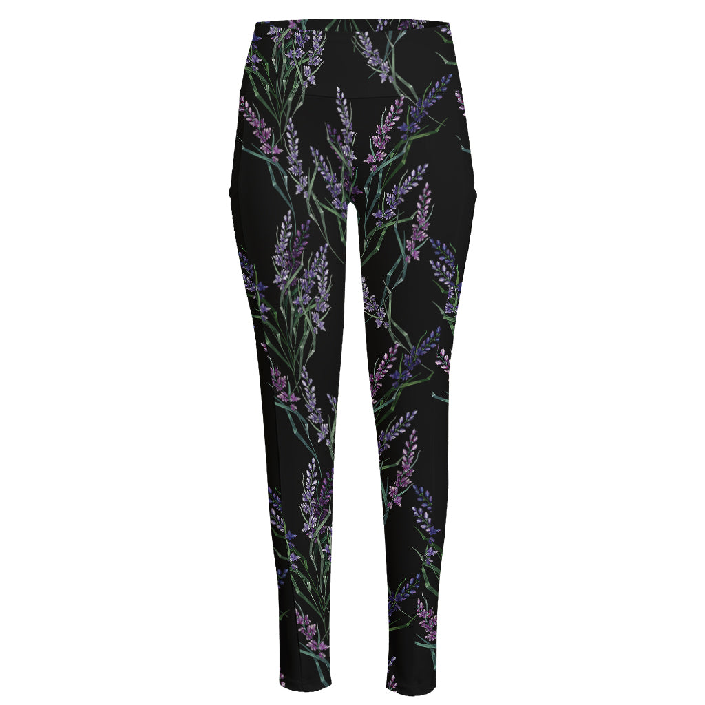 Embroidery Lavender Pattern Print High-Waisted Pocket Leggings