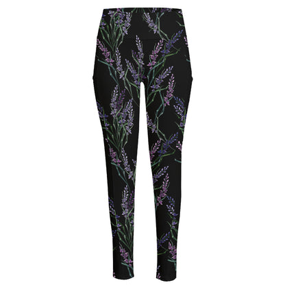 Embroidery Lavender Pattern Print High-Waisted Pocket Leggings