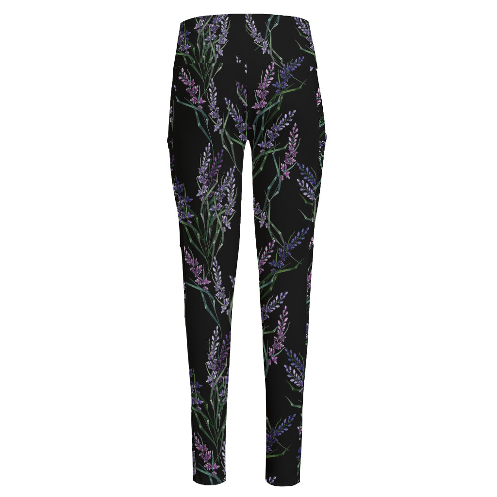 Embroidery Lavender Pattern Print High-Waisted Pocket Leggings