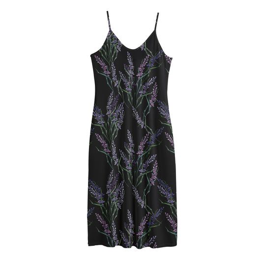 Embroidery Lavender Pattern Print Jersey Midi Cami Dress