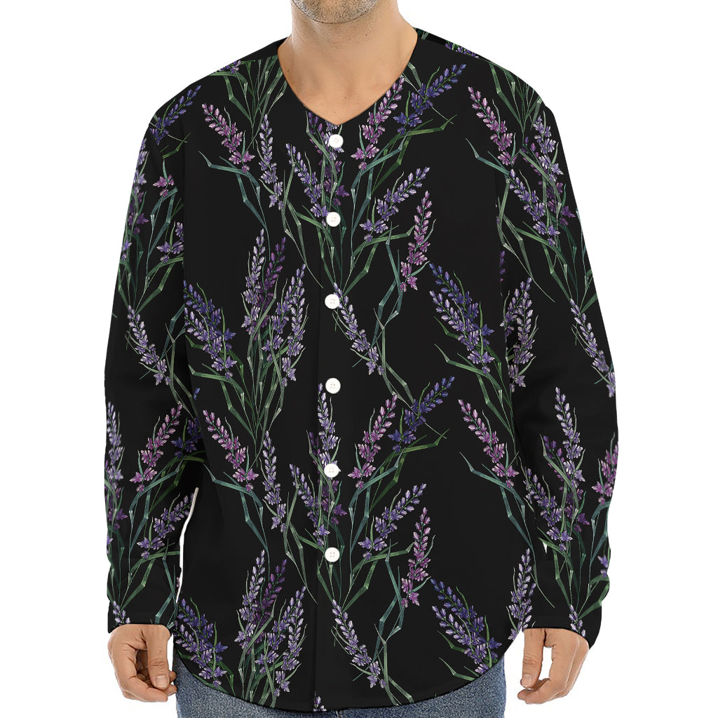 Embroidery Lavender Pattern Print Long Sleeve Baseball Jersey
