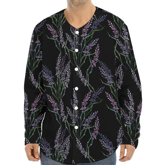 Embroidery Lavender Pattern Print Long Sleeve Baseball Jersey