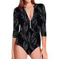 Embroidery Lavender Pattern Print Long Sleeve Swimsuit
