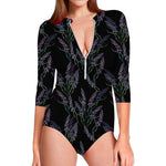 Embroidery Lavender Pattern Print Long Sleeve Swimsuit