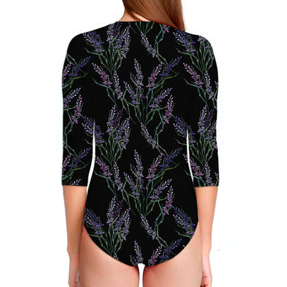 Embroidery Lavender Pattern Print Long Sleeve Swimsuit