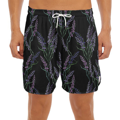Embroidery Lavender Pattern Print Men's Split Running Shorts