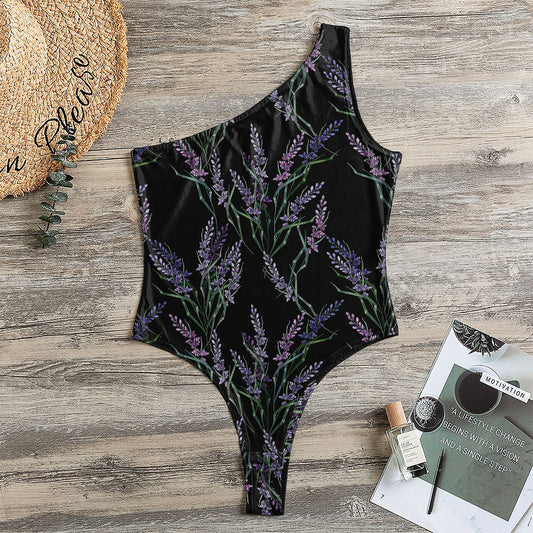 Embroidery Lavender Pattern Print One Shoulder Bodysuit
