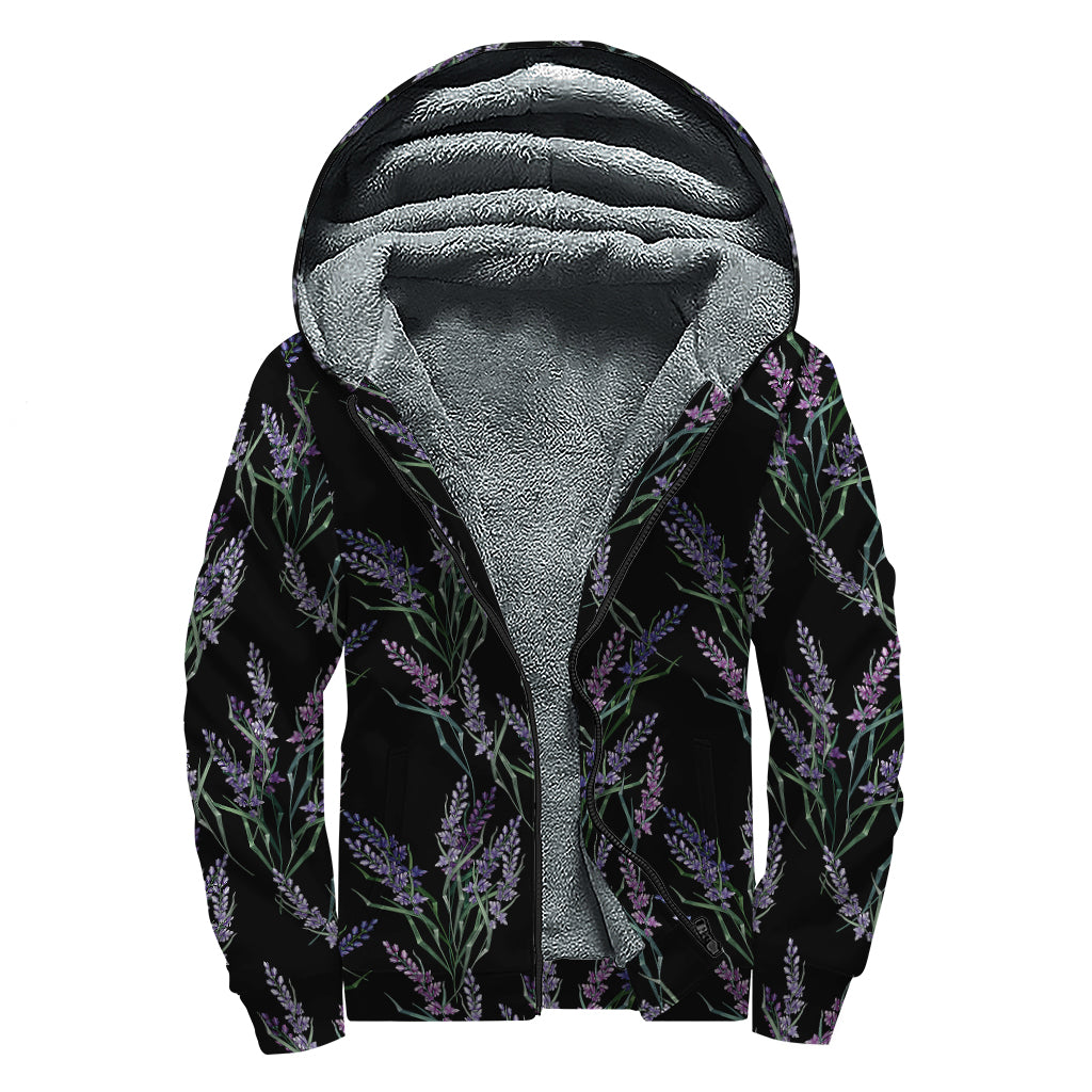 Embroidery Lavender Pattern Print Sherpa Lined Zip Up Hoodie