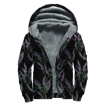 Embroidery Lavender Pattern Print Sherpa Lined Zip Up Hoodie