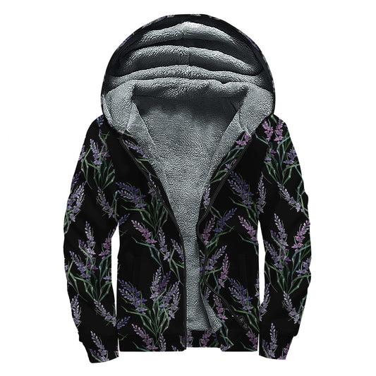 Embroidery Lavender Pattern Print Sherpa Lined Zip Up Hoodie
