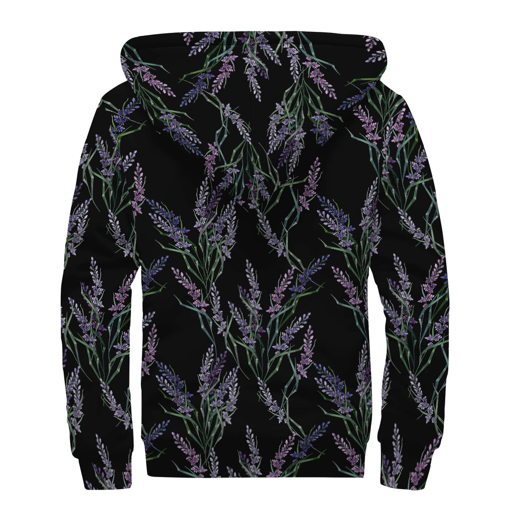 Embroidery Lavender Pattern Print Sherpa Lined Zip Up Hoodie