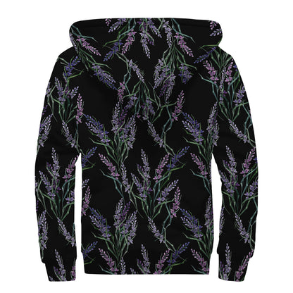 Embroidery Lavender Pattern Print Sherpa Lined Zip Up Hoodie