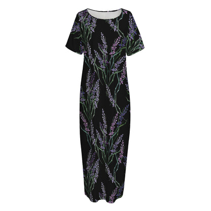 Embroidery Lavender Pattern Print Short Sleeve Long Nightdress