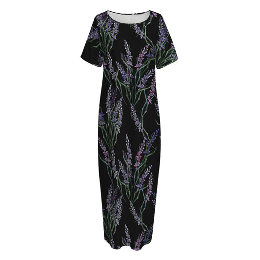 Embroidery Lavender Pattern Print Short Sleeve Long Nightdress