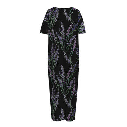 Embroidery Lavender Pattern Print Short Sleeve Long Nightdress