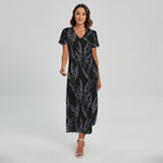 Embroidery Lavender Pattern Print Short Sleeve Maxi Dress