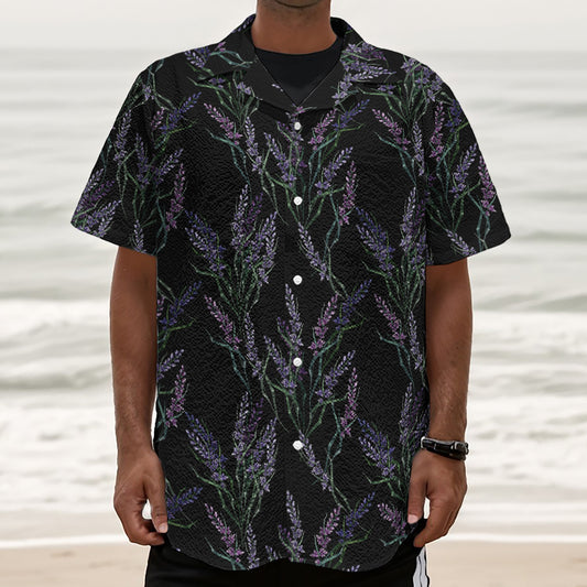Embroidery Lavender Pattern Print Textured Short Sleeve Shirt