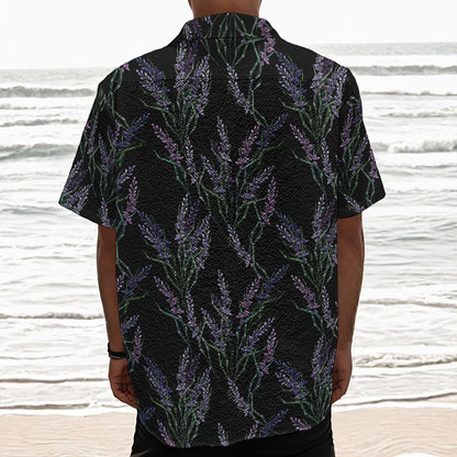 Embroidery Lavender Pattern Print Textured Short Sleeve Shirt
