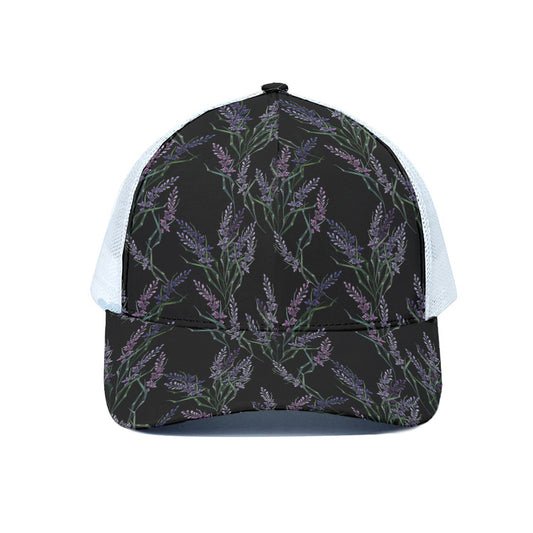 Embroidery Lavender Pattern Print White Mesh Trucker Cap