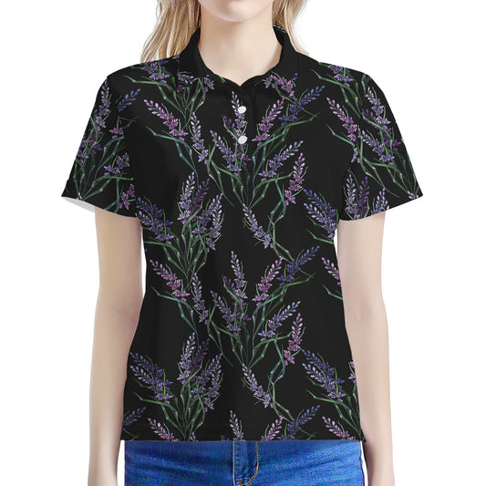 Embroidery Lavender Pattern Print Women's Polo Shirt