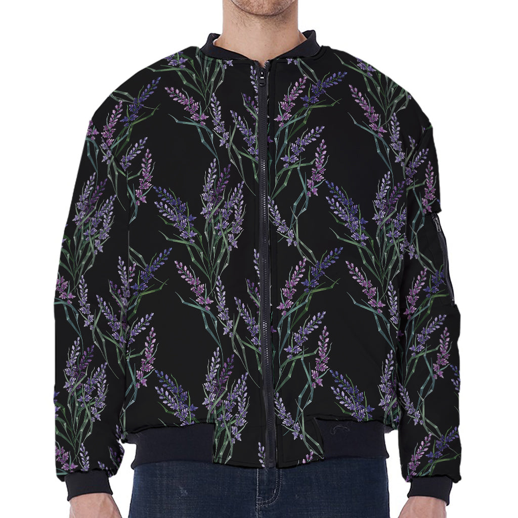 Embroidery Lavender Pattern Print Zip Sleeve Bomber Jacket