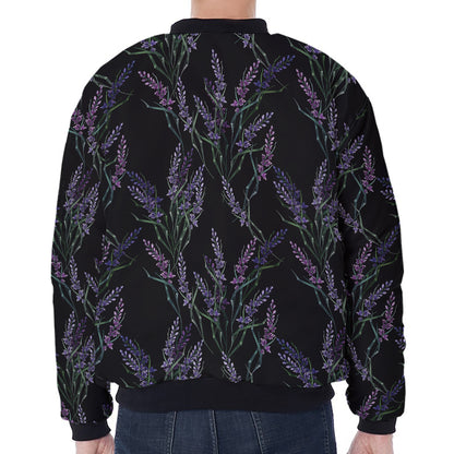 Embroidery Lavender Pattern Print Zip Sleeve Bomber Jacket