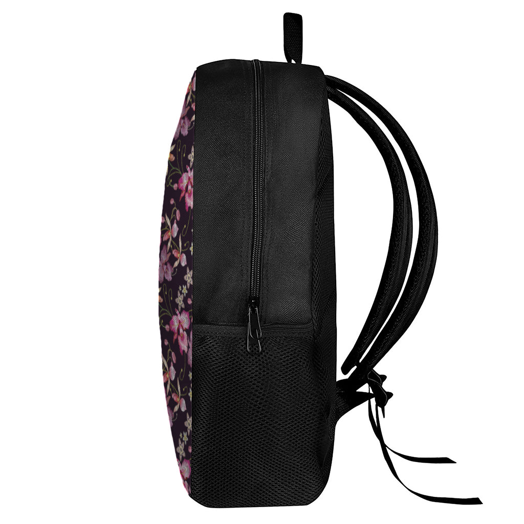 Embroidery Orchid Flower Pattern Print 17 Inch Backpack