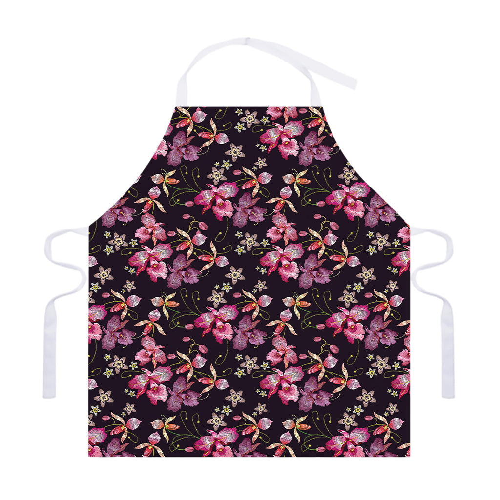 Embroidery Orchid Flower Pattern Print Adjustable Apron