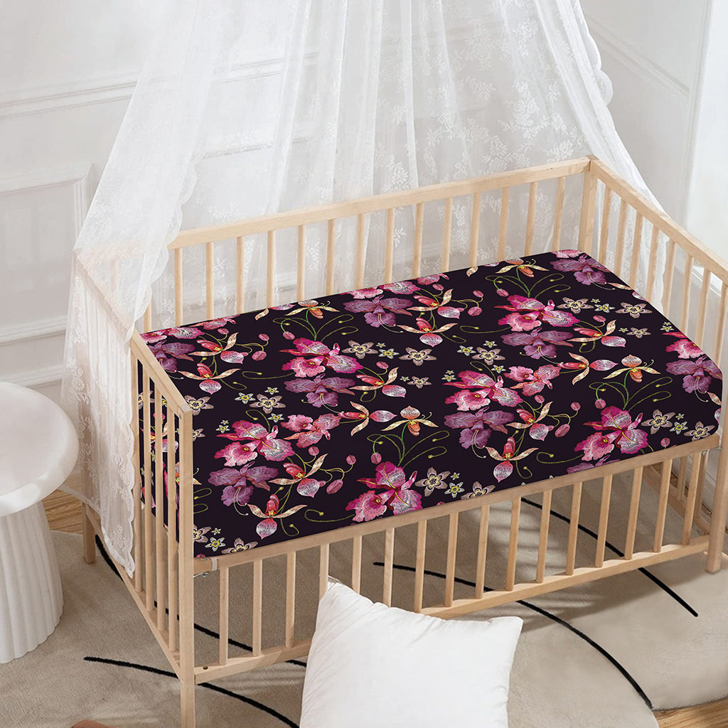Embroidery Orchid Flower Pattern Print Baby Crib Sheet