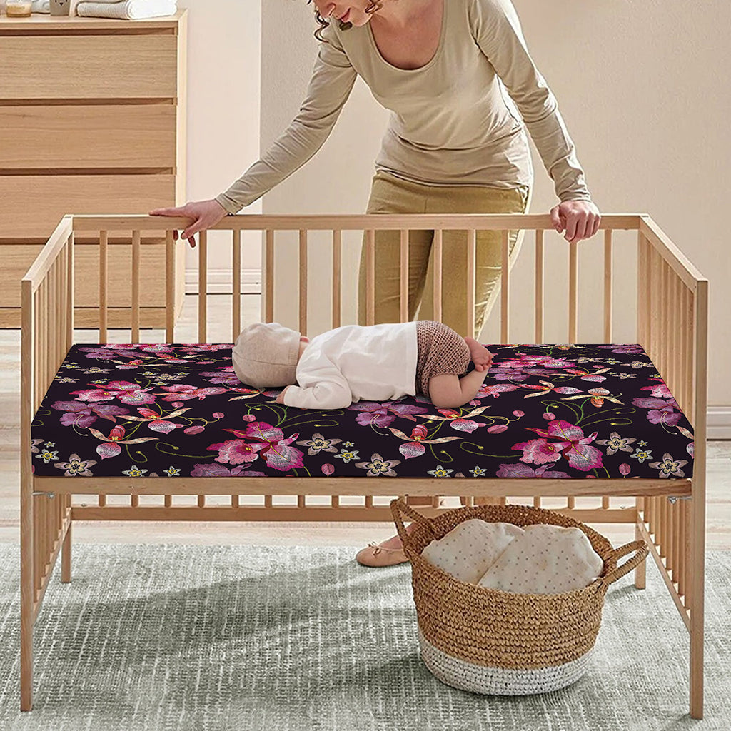 Embroidery Orchid Flower Pattern Print Baby Crib Sheet