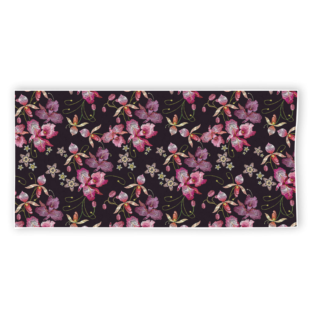 Embroidery Orchid Flower Pattern Print Beach Towel