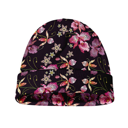 Embroidery Orchid Flower Pattern Print Beanie
