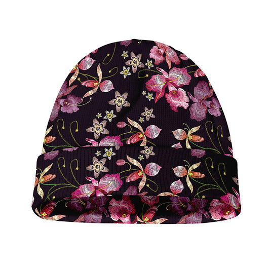 Embroidery Orchid Flower Pattern Print Beanie