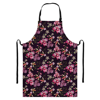 Embroidery Orchid Flower Pattern Print Bib Apron With Pocket