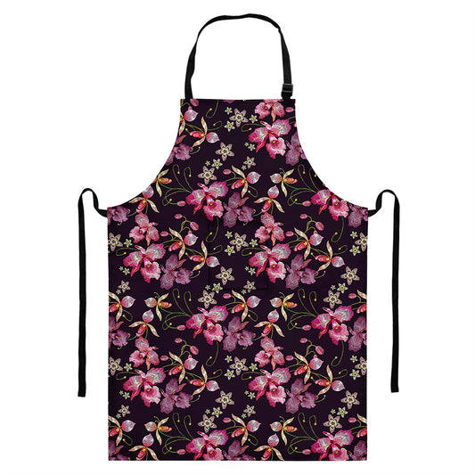 Embroidery Orchid Flower Pattern Print Bib Apron With Pocket