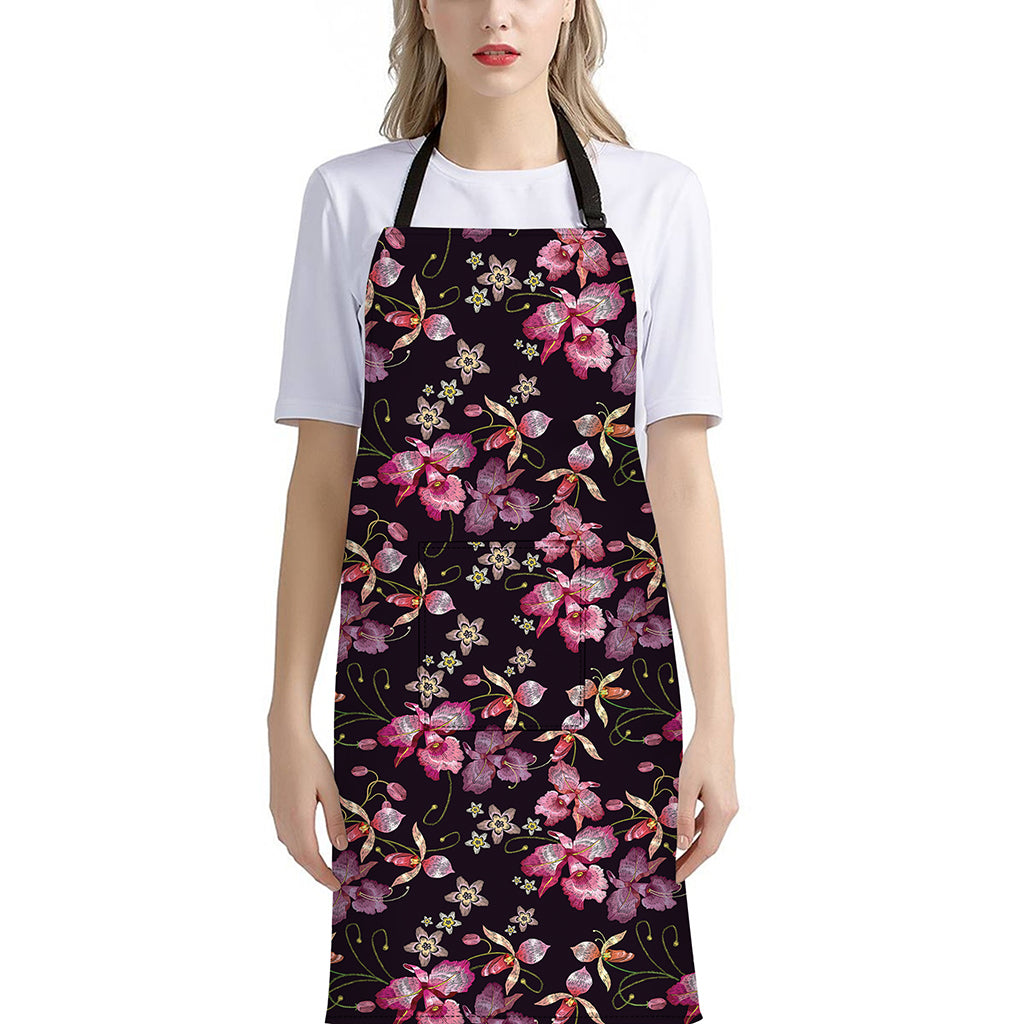 Embroidery Orchid Flower Pattern Print Bib Apron With Pocket